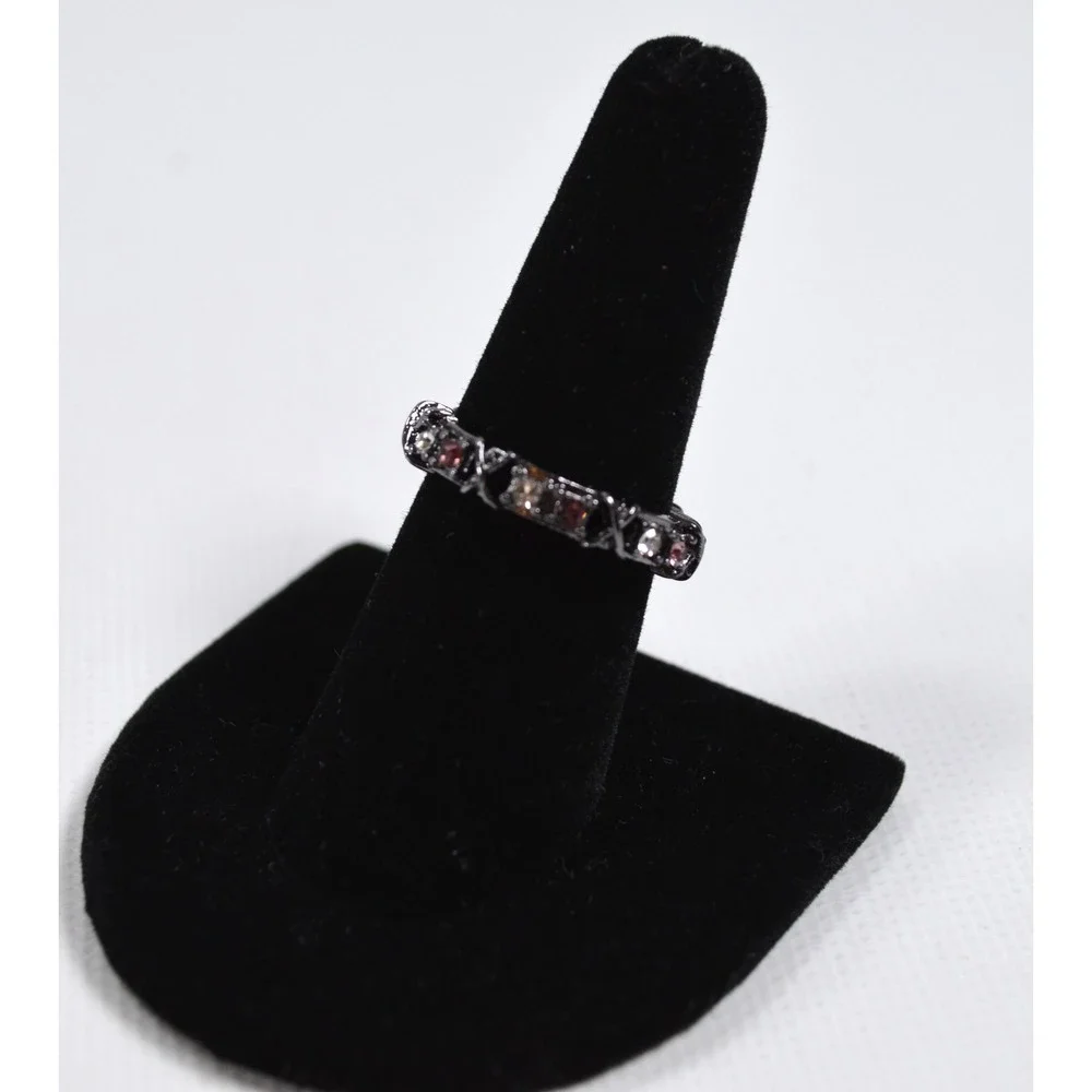 Silver Tone Band Ring with Clear & Light Pink Setting Size‎ 7.5 Cutout Design